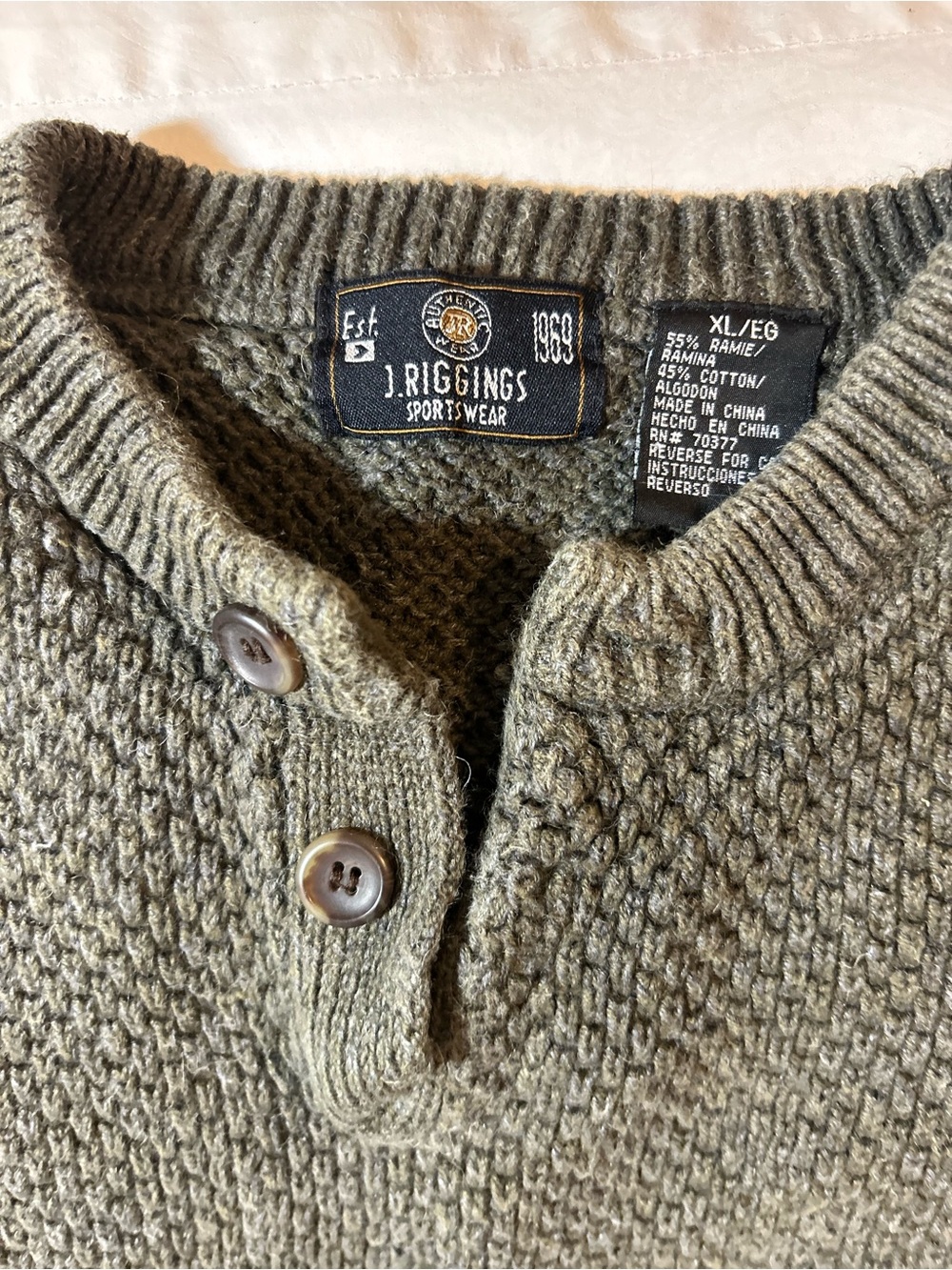 Olive Green Knit Henley Crewneck Sweater - Men's